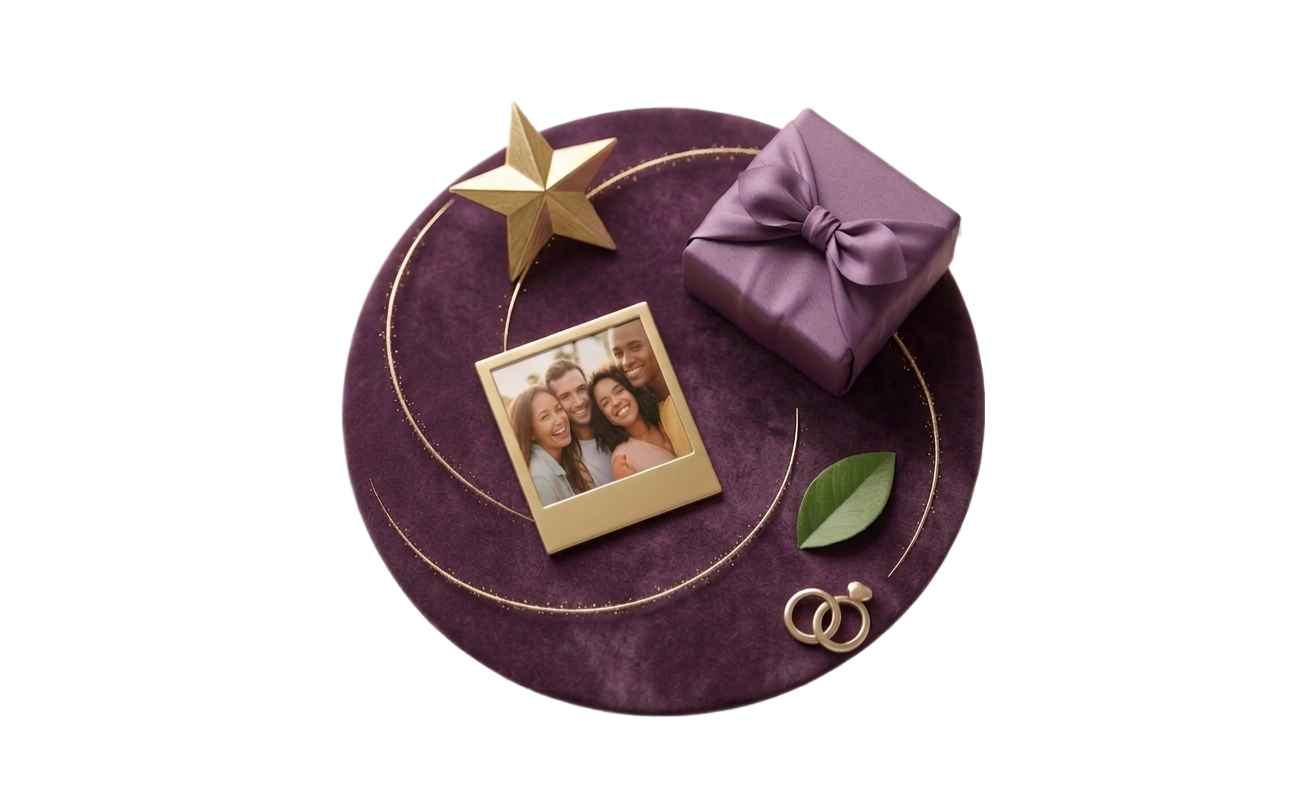Still life of a gold star, wrapped gift, Polaroid of friends, a leaf, and rings on a round plum velvet mat.